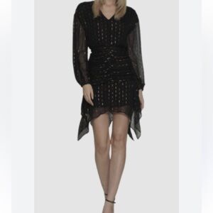 Walter Baker Black Gold Dress Long Sleeve Bishop Mini Dress Size 10